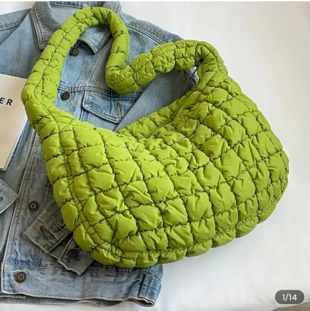 Solid Green Quilted Shoulder Bag - Women's Plush Fashion Tote - Picture 2 of 6